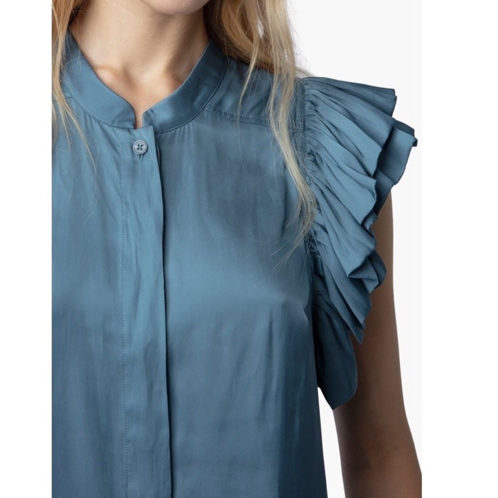 Zadig & Voltaire Tiza Satin Ruffle Top In Bluestone Woman's Size Medium $348 - Picture 3 of 10